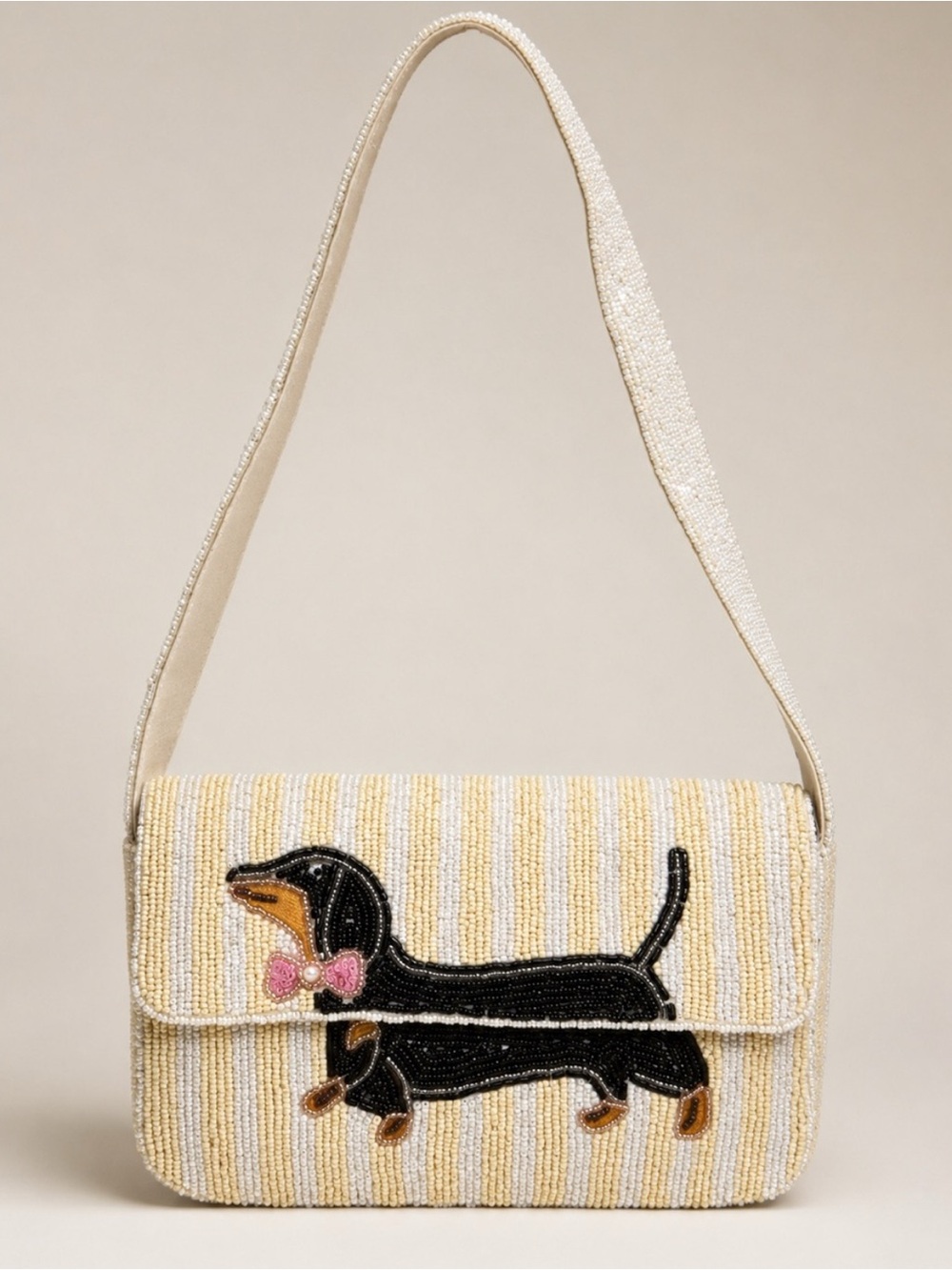 Dachshund White and Yellow Stripe Beaded Shoulder Bag